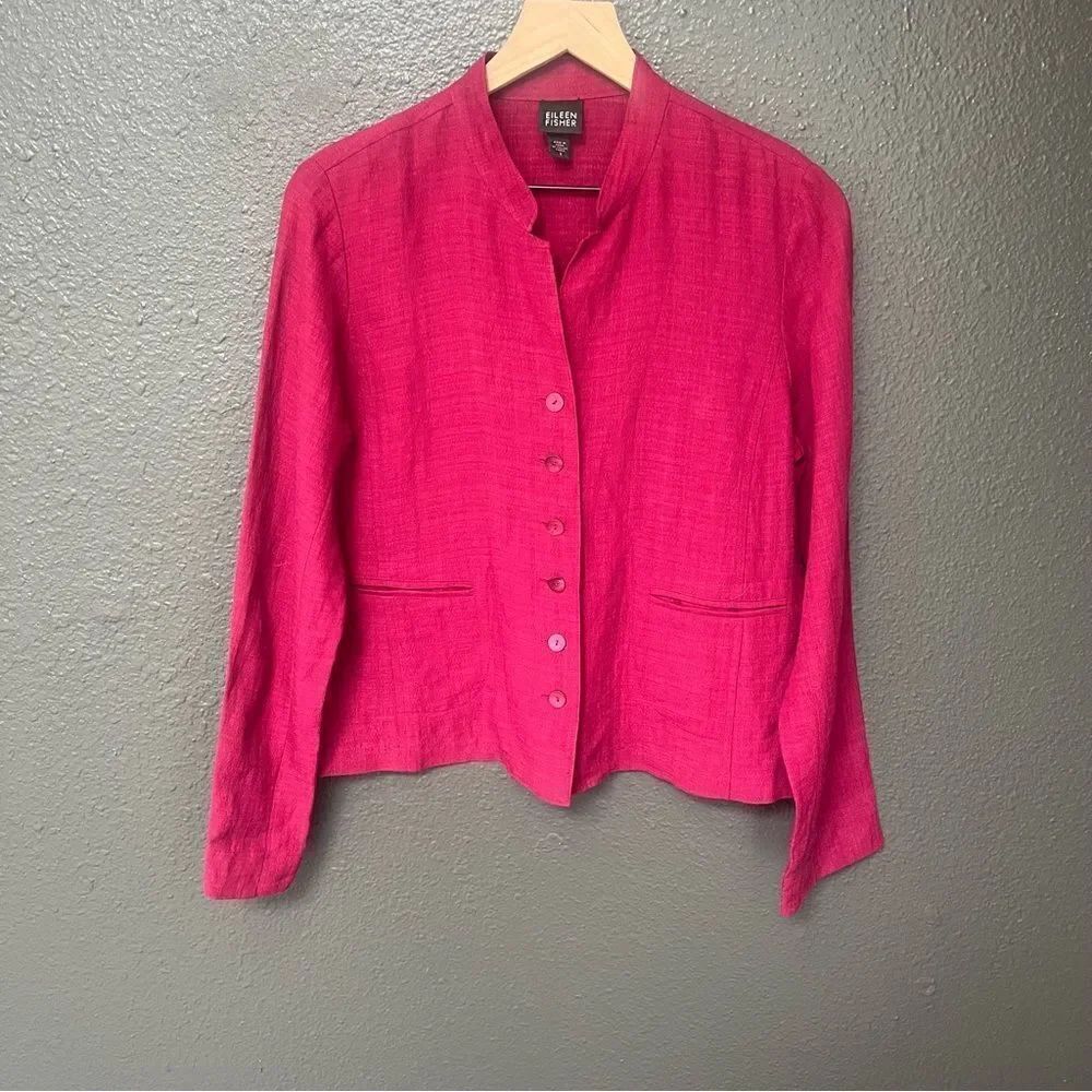 Eileen Fisher Raspberry Linen Blend Button Front Blazer Size Small